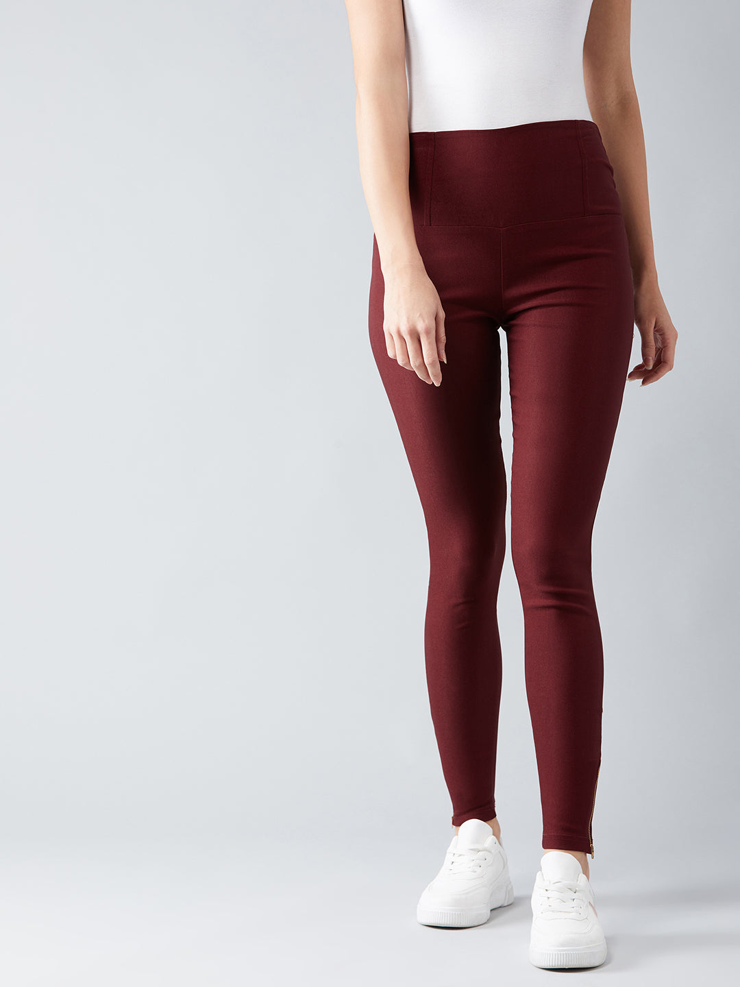 Women's Maroon Solid Zipper Detailing Skinny Regular Length High Waist Treggings