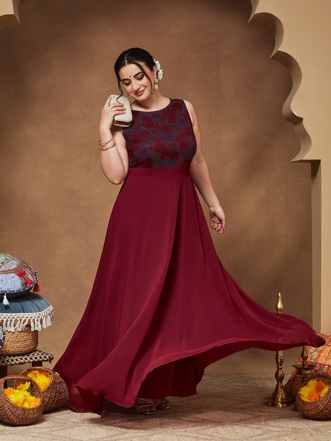 Maroon & Teal Boat Neck Sleeveless Self Design Lace Overlaid Maxi Dress for Women