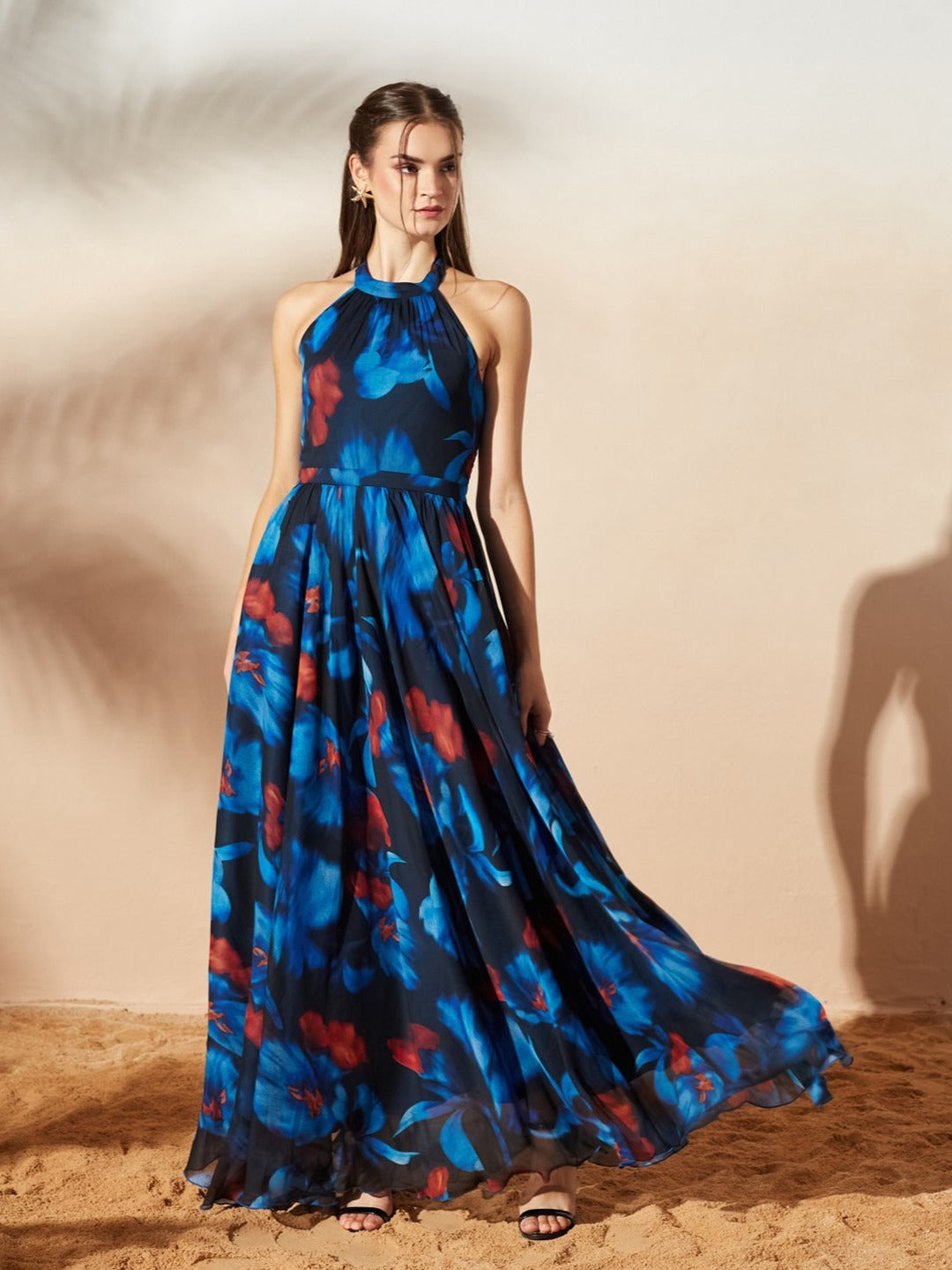 Navy Blue Halter Neck Printed Maxi Dress for Women