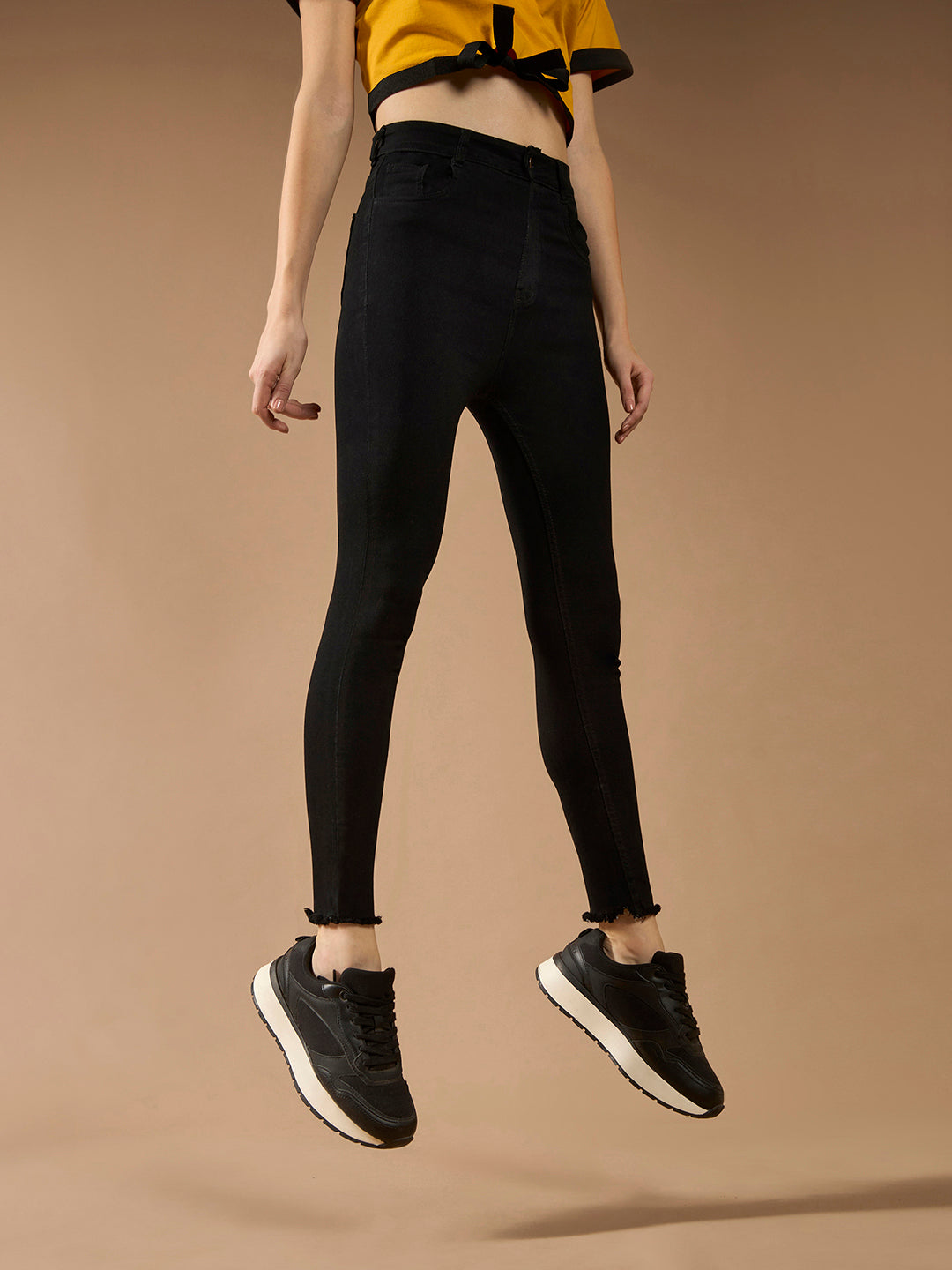 Women's Black Skinny Fringed Detailing High-Rise Clean-Look Solid Cropped Stretchable Denim Jeans