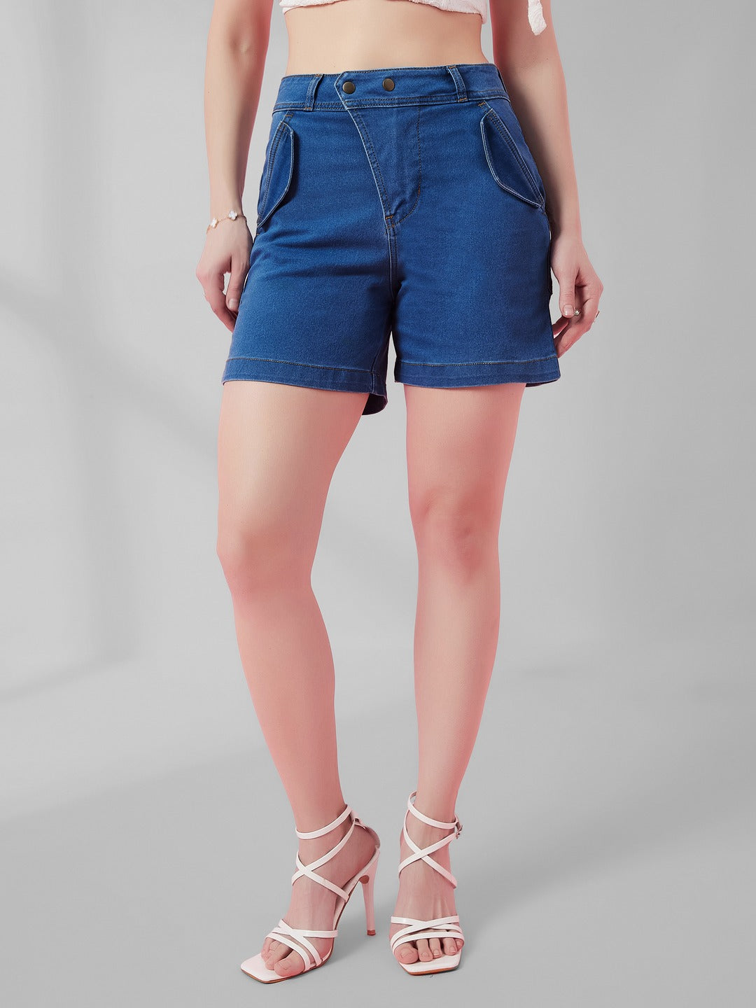 Relaxed-Fit Mid-Rise Stretchable Blue Denim Bermuda Shorts for Women