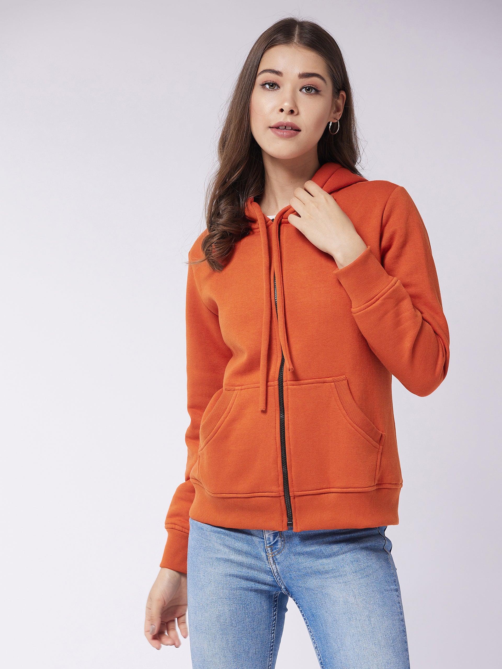 Women's Rust Round Neck Full Sleeve Solid Hooded Regular Sweatshirt