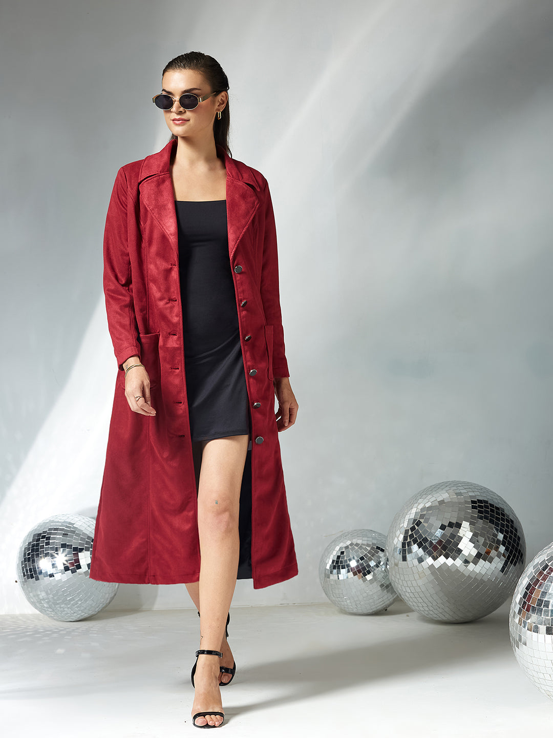 Women's Dark Red Solid V-Neck Full Sleeves Patched Pocketed Polyester Button Down Longline Winter Wear Jacket