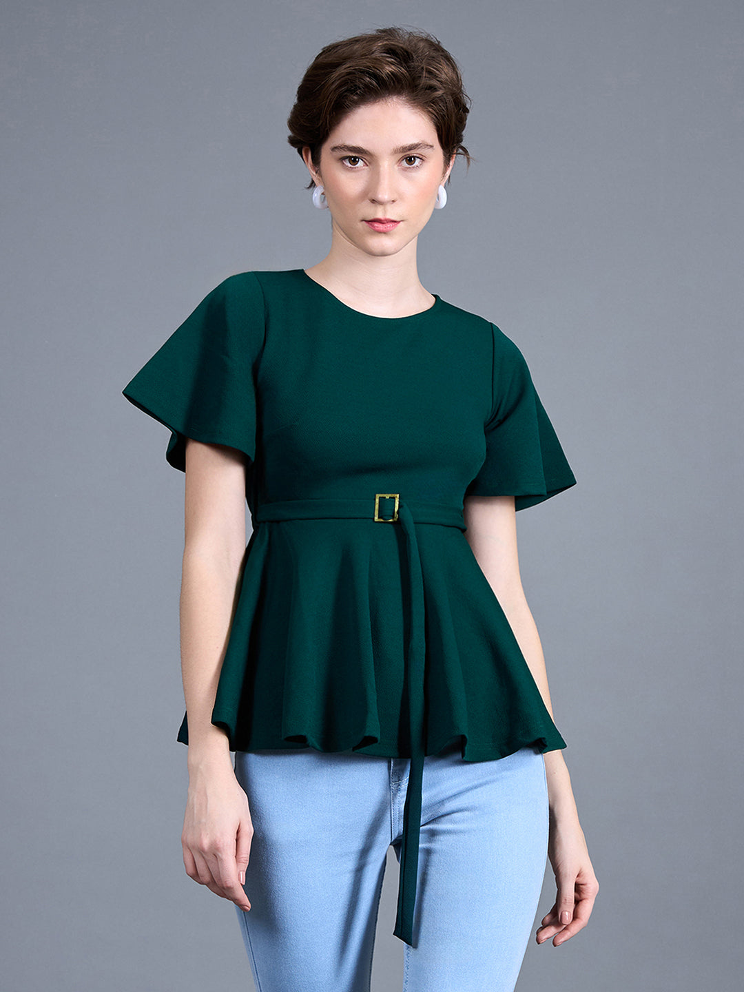 Women's Green Solid Polyester Slim Fit Round Neck Short Sleeve Regular Length Top