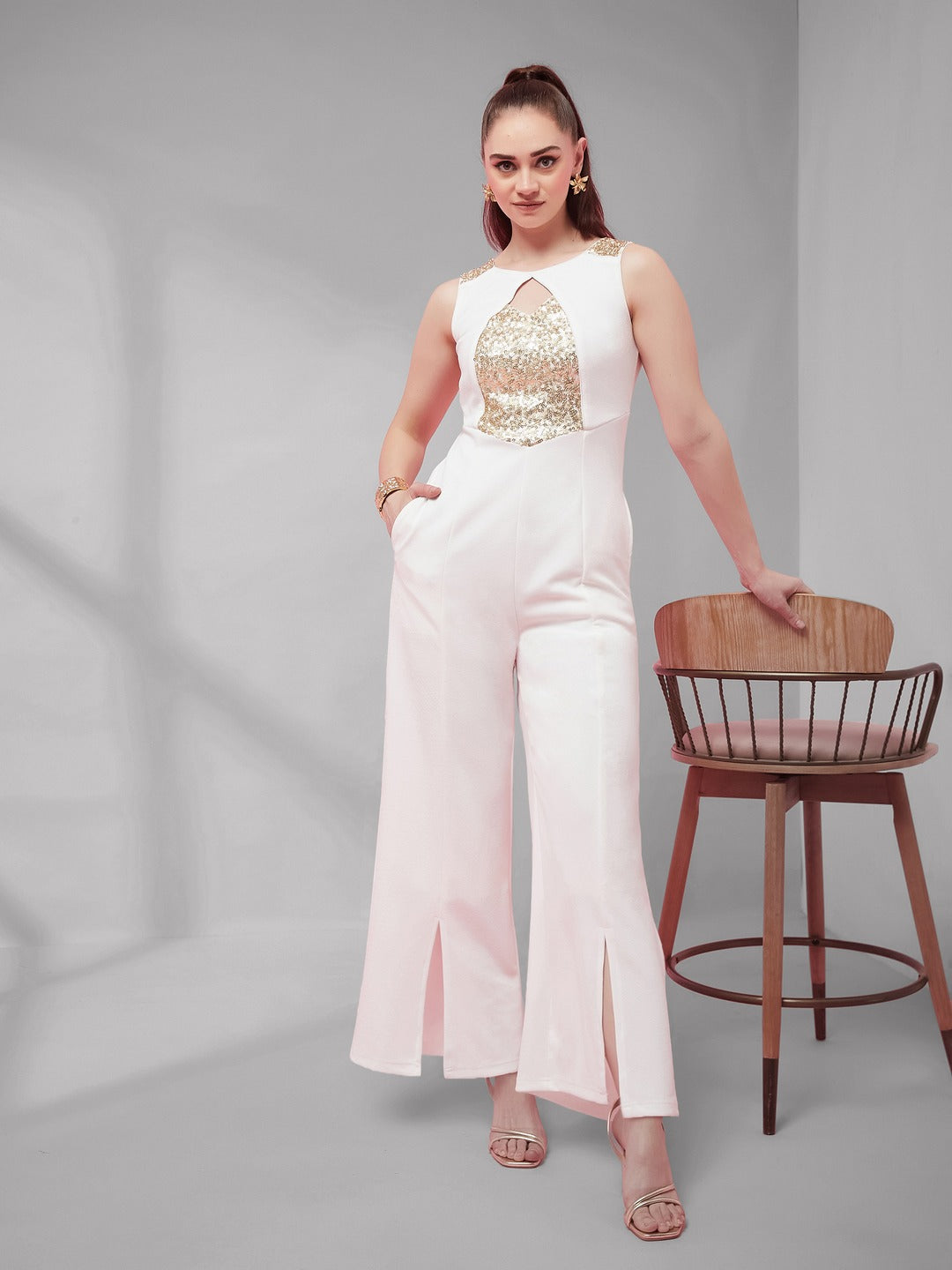Off-White Solid Regular Length V - Neck Sleeveless Sequin Panel Wide Leg Embellished Jumpsuit for Women