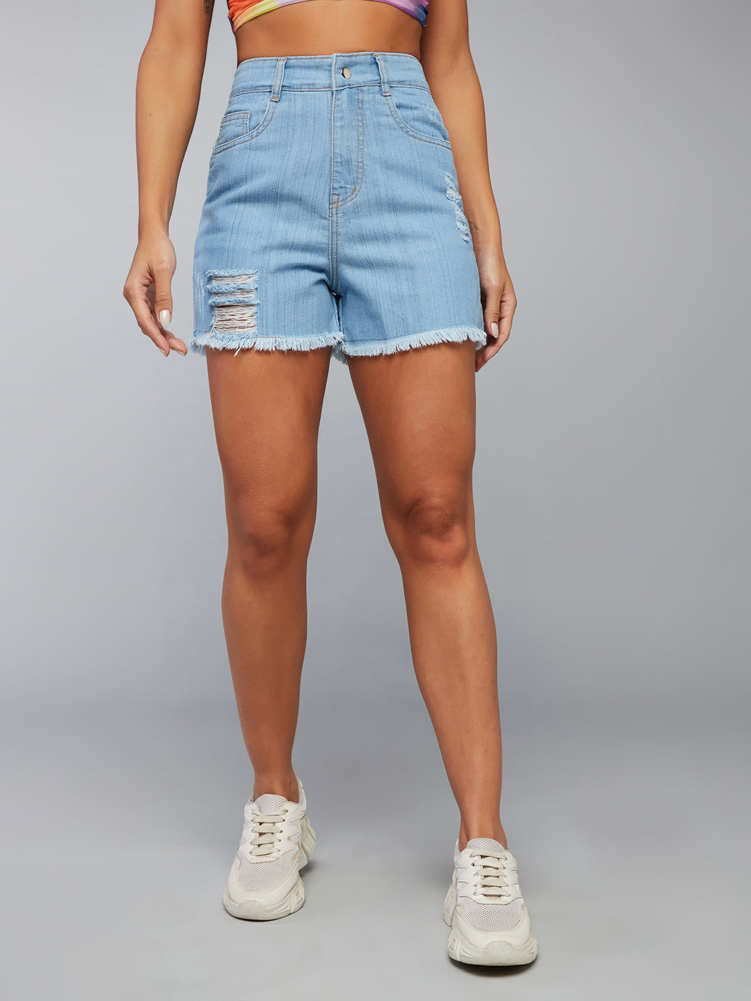 Women's Blue Relaxed Fit Mid Rise Highly Distressed Regular Length Denim Shorts