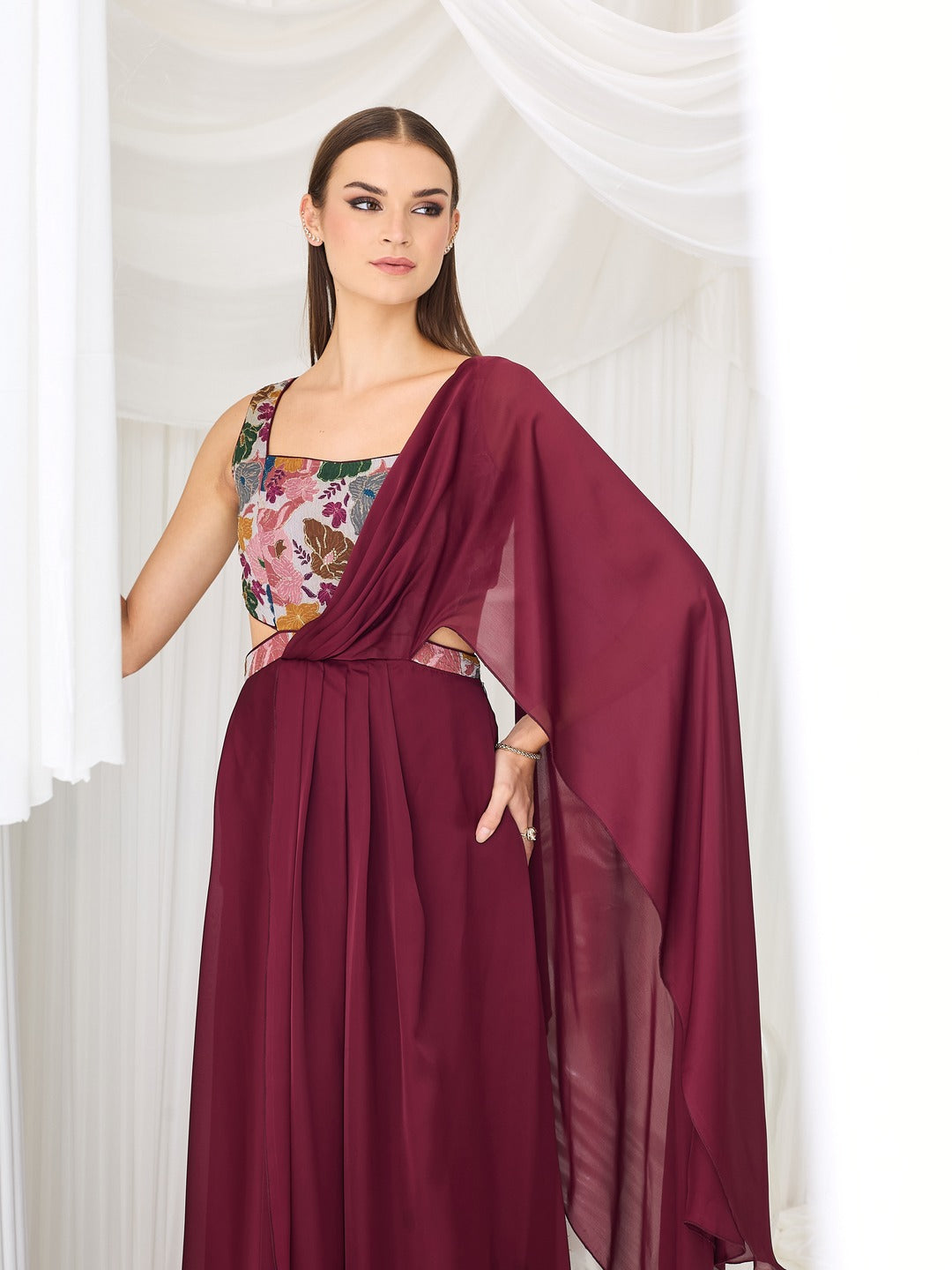 Luxe Layered Satin Gown in Wine with Square Neck & Floral Design for Women