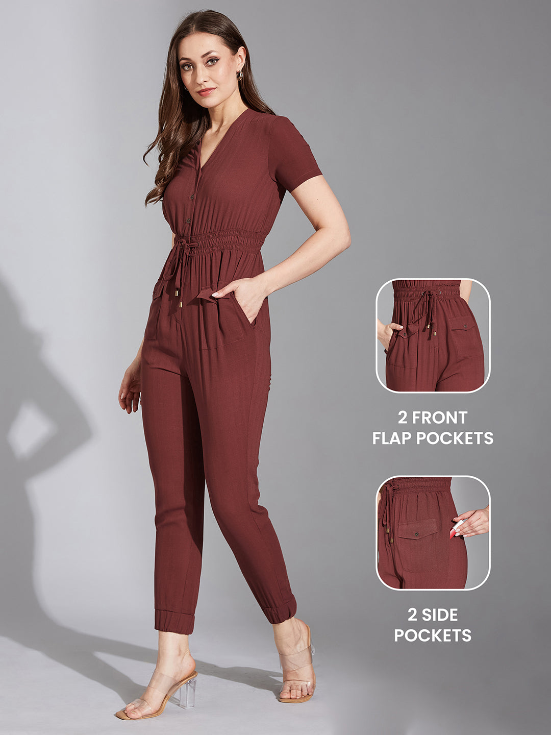 Women's Light Burgundy V-Neck Short Sleeve Solid Straight Leg Polyester Regular Jumpsuit