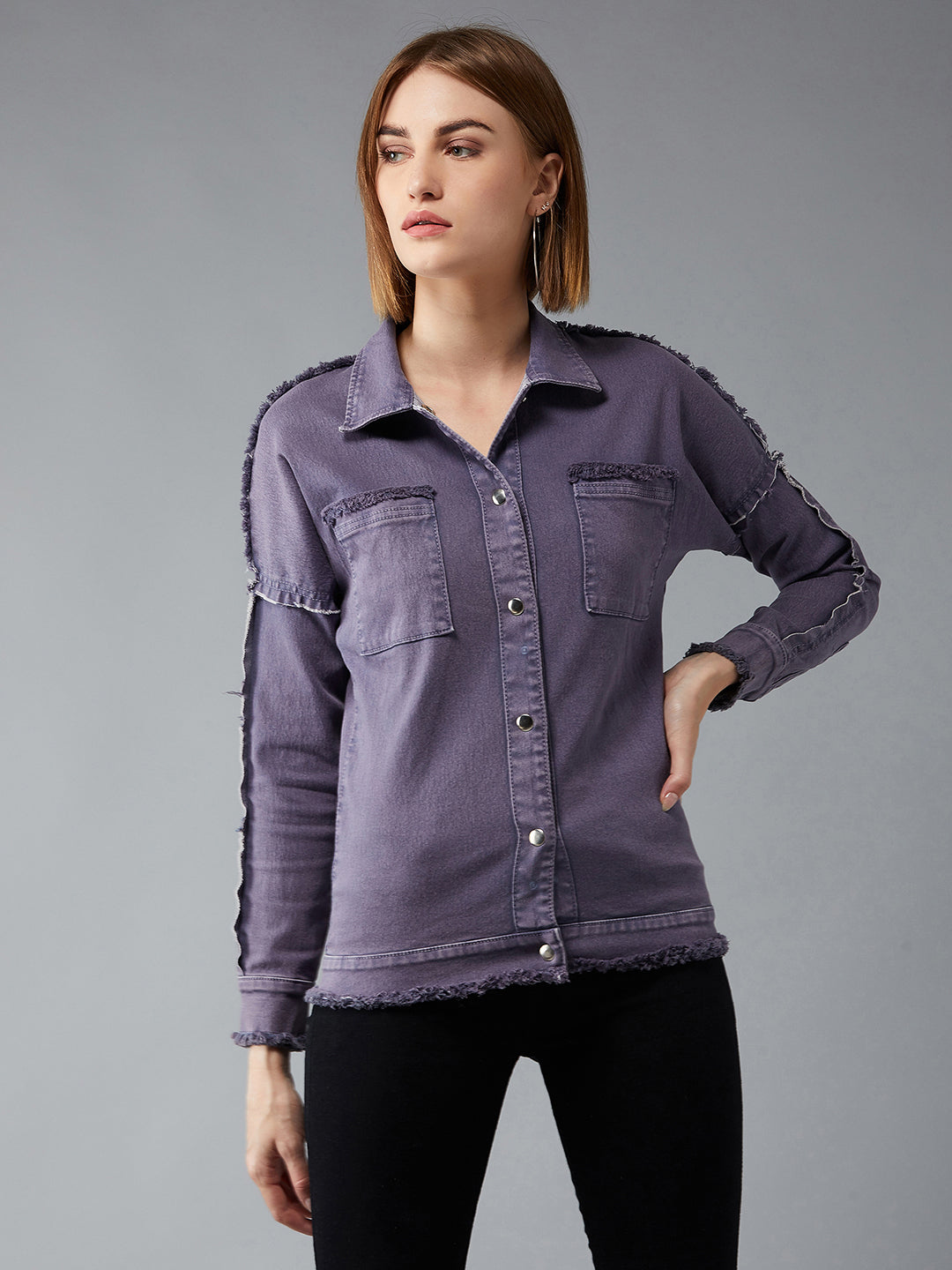 Women's Lilac Polo Neck Full Sleeves Denim Bomber Regular Length Jacket