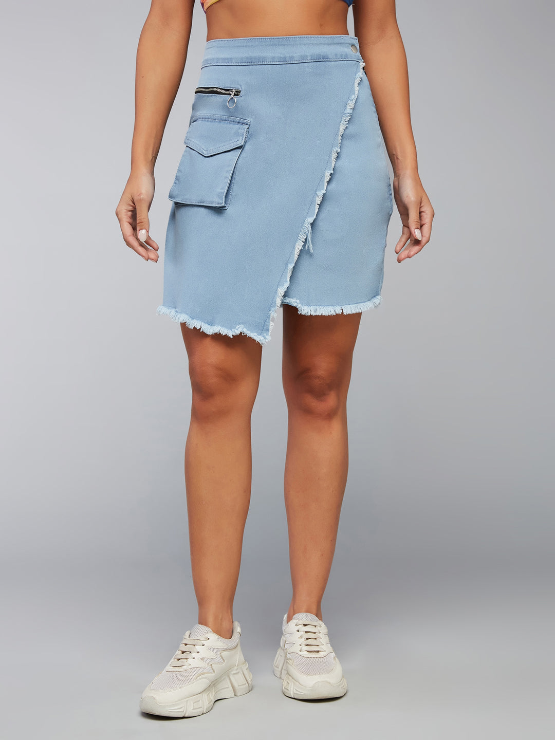 Women's Light Blue High Rise Above Knee Stretchable Denim Skirt