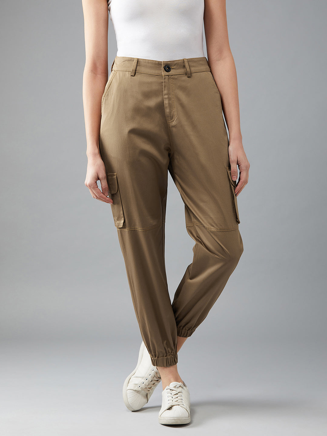 Women's Olive Green Solid Panelled Elasticated Regular Length Joggers