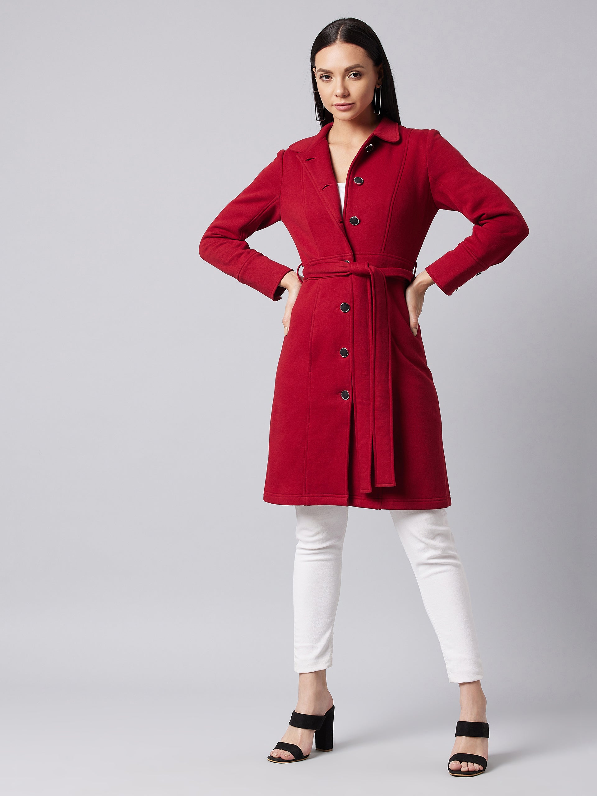 Women's Maroon Collared Full Sleeve Solid Tie-up Longline Jacket