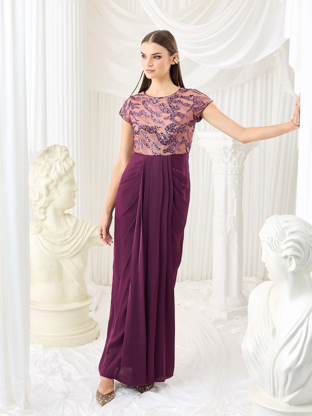 Luxe Pleated Satin Gown in Purple with Round Neck & Embellishments for Women