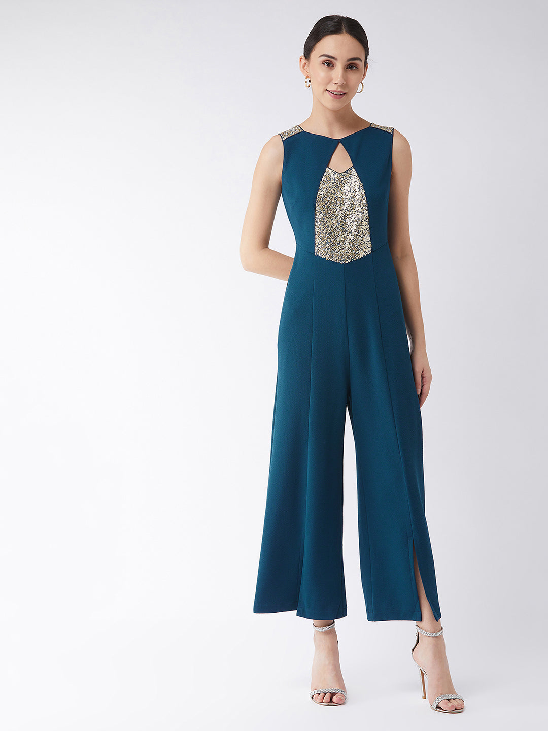 Crease Ease Women's Teal Sequined Relaxed Fit Round Neck Sleeveless Party Jumpsuit