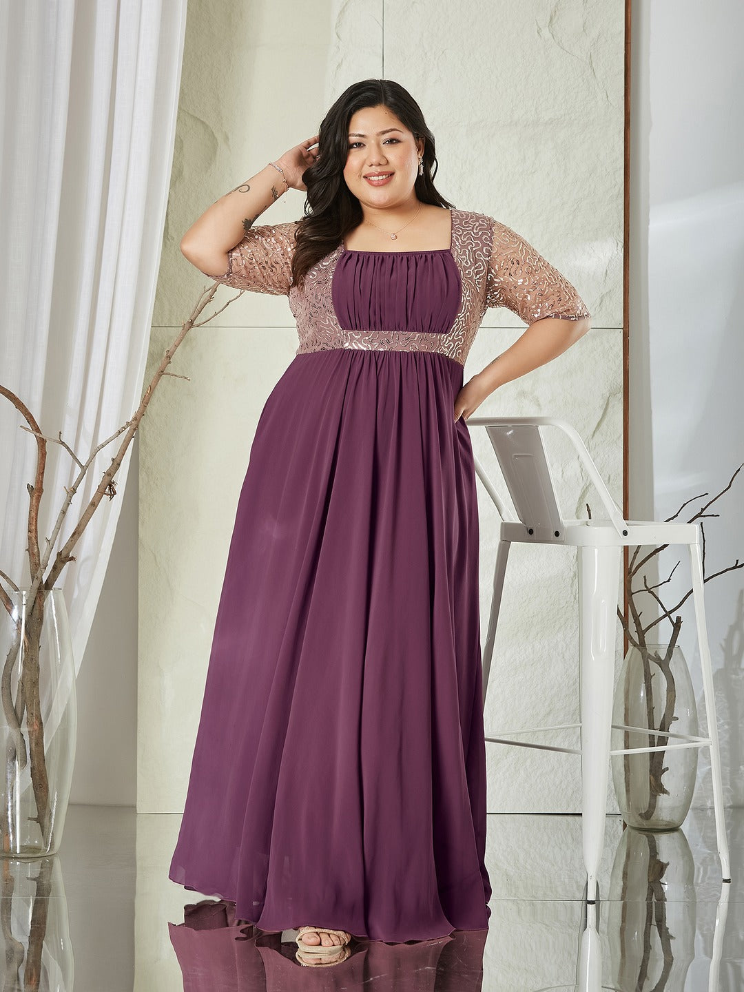 Mauve Square Neck Half Sleeve Solid Embellished Georgette Maxi Dress for Women