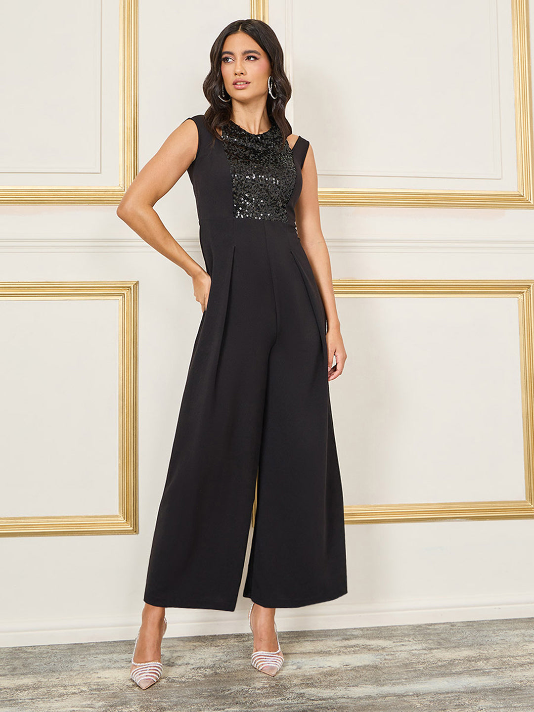 Women's Black Halter-Neck Sleeveless Solid Pleated/Wide Leg Sequin Paneled Jumpsuit
