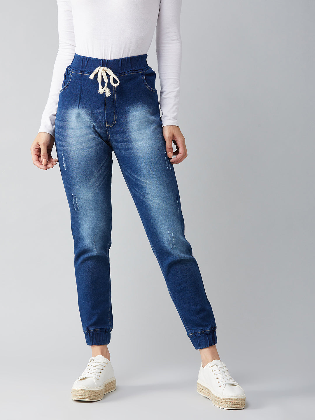 Women's Navy Blue Relaxed Fit Mid Rise Regular Length Scraped Denim Stretchable Jogger Pants