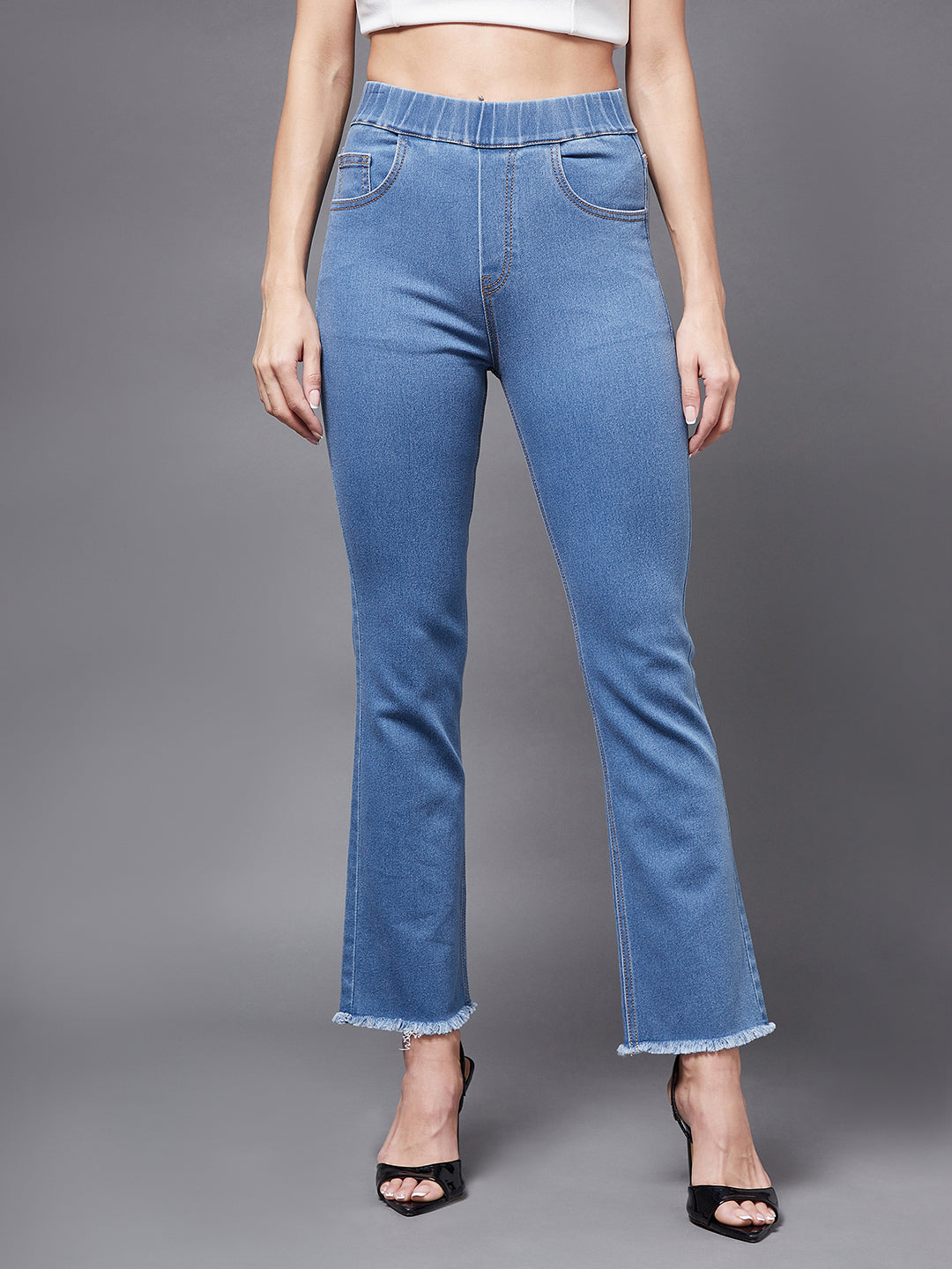 Women's Blue Semi-Bootcut Bell Bottom Mid-rise Stretchable Denim Jeans