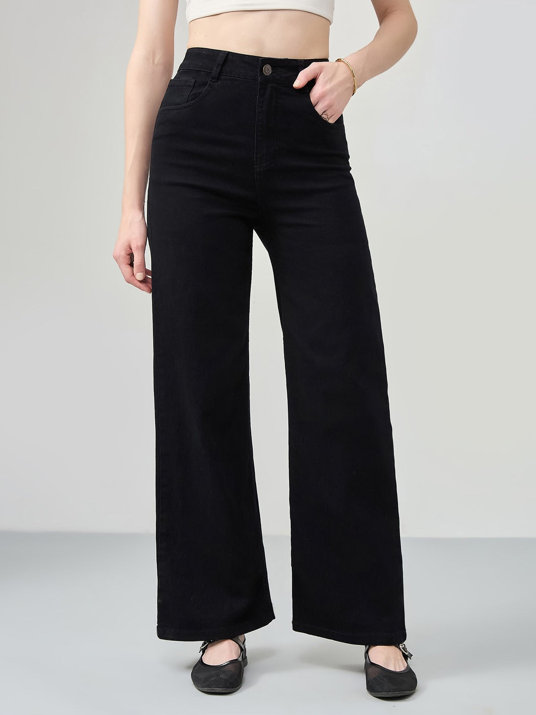 Black Wide Leg high-rise Stretchable Denim Jeans for Women