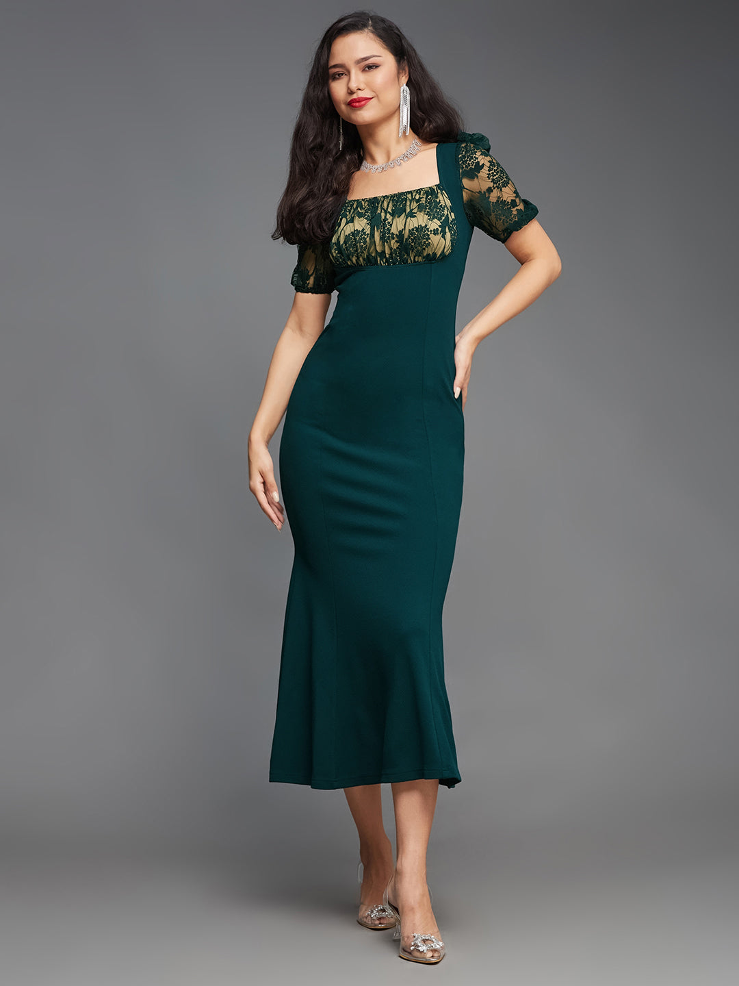 Crease Ease Women's Dark Green Square Puff Sleeve Solid Lace Overlaid Ankle Length Dress