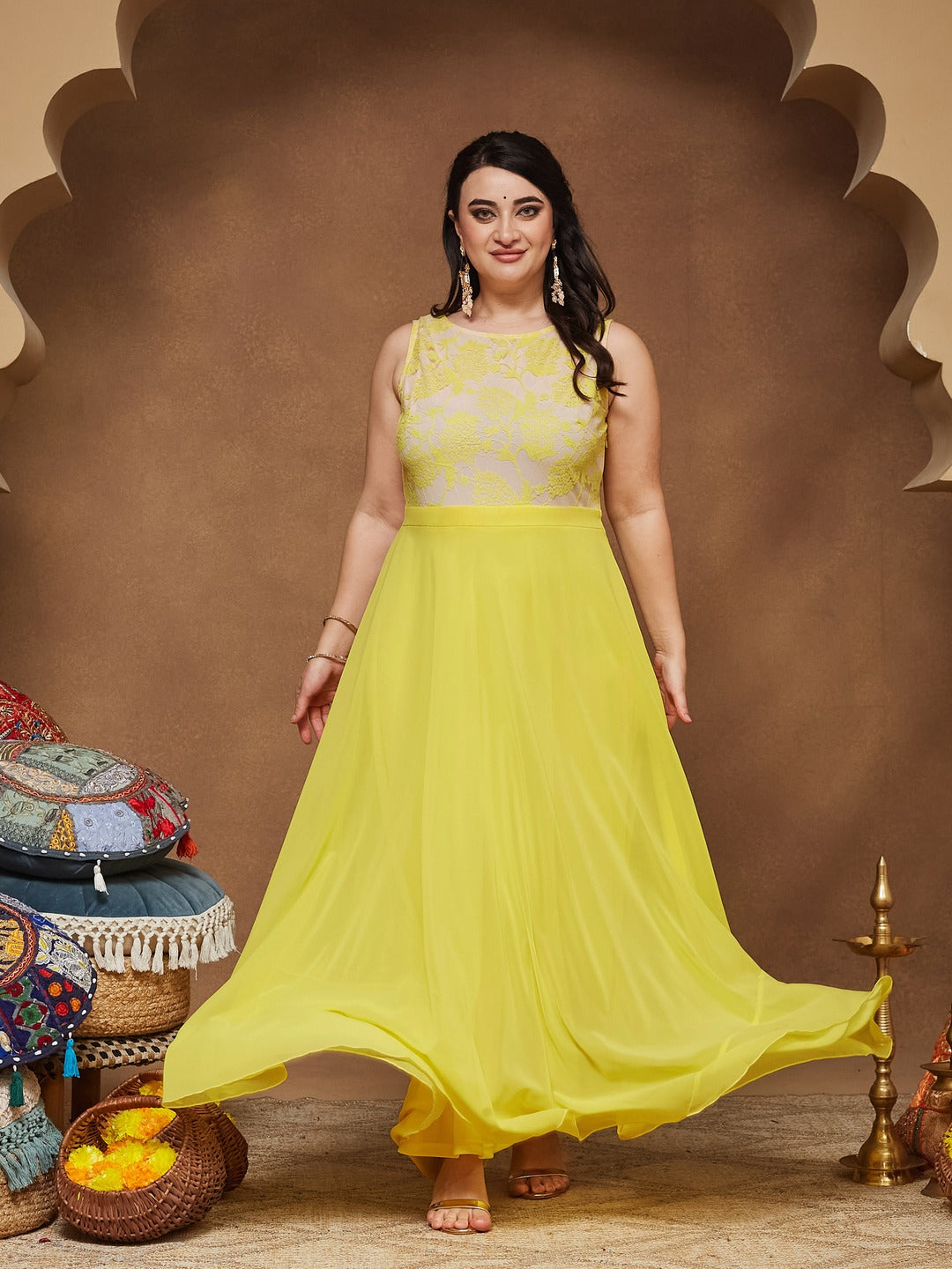Light Yellow Round Neck Sleeveless Georgette & Lace Floral Fit & Flare Maxi Dress for Women