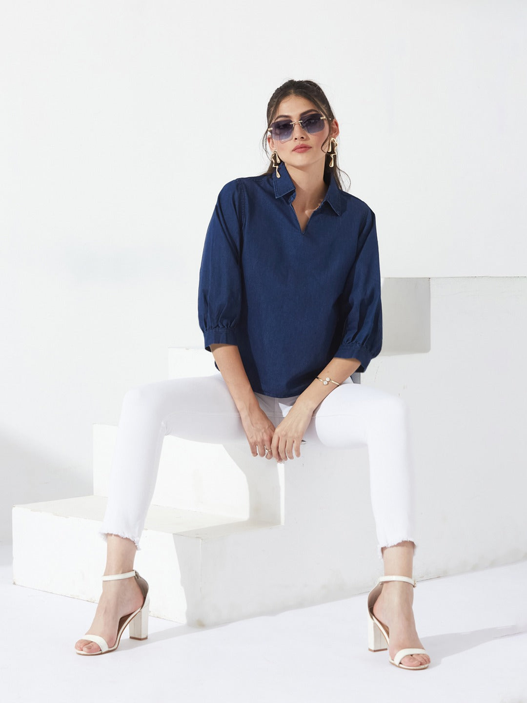 Dark Blue Collar-Neck Puff-Sleeve Solid-Colored Light Weight Denim Tunic Top for Women