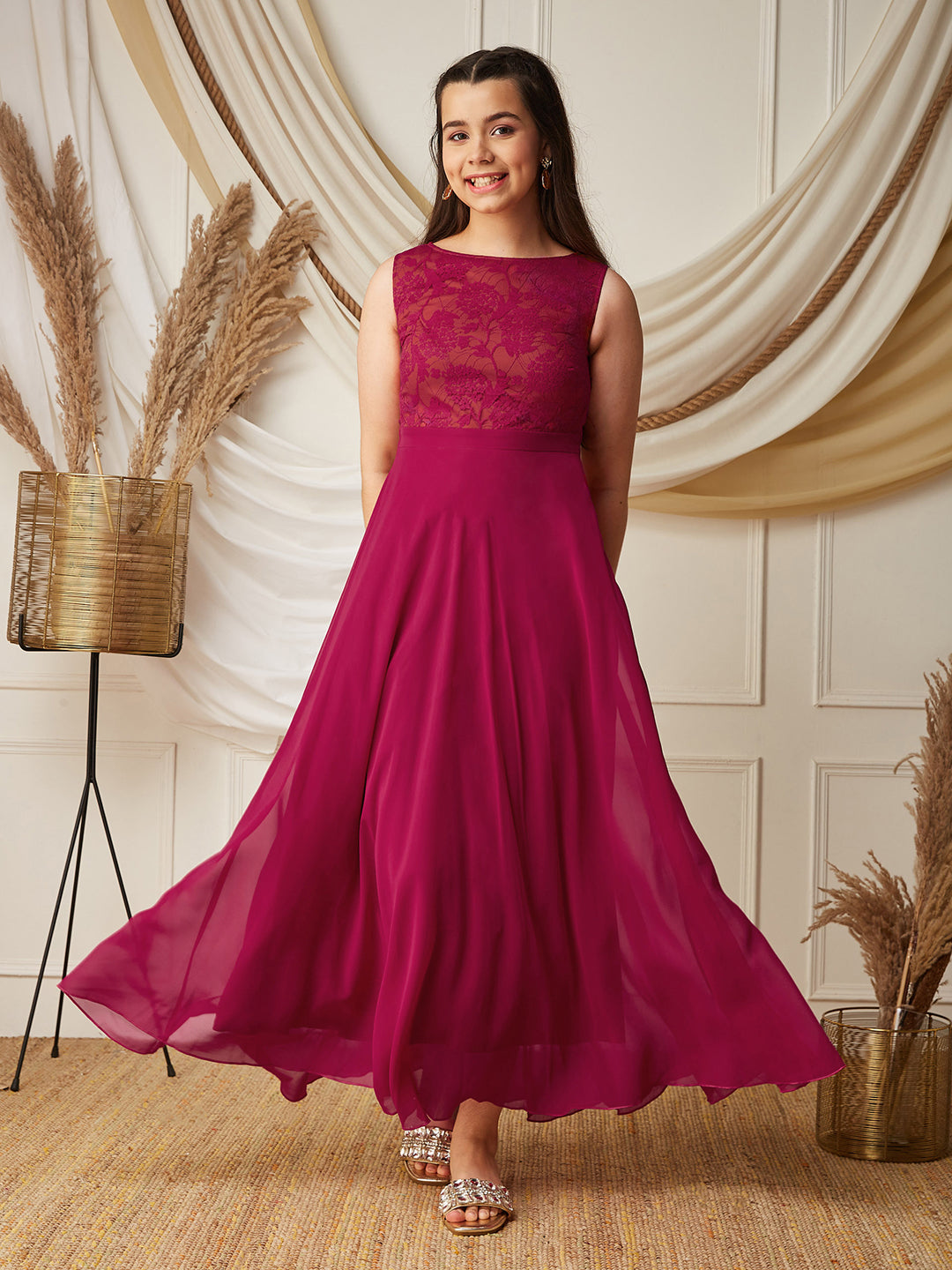Dark Pink Boat-Neck Sleeveless Solid Lace Overlaid Polyester Maxi Dress