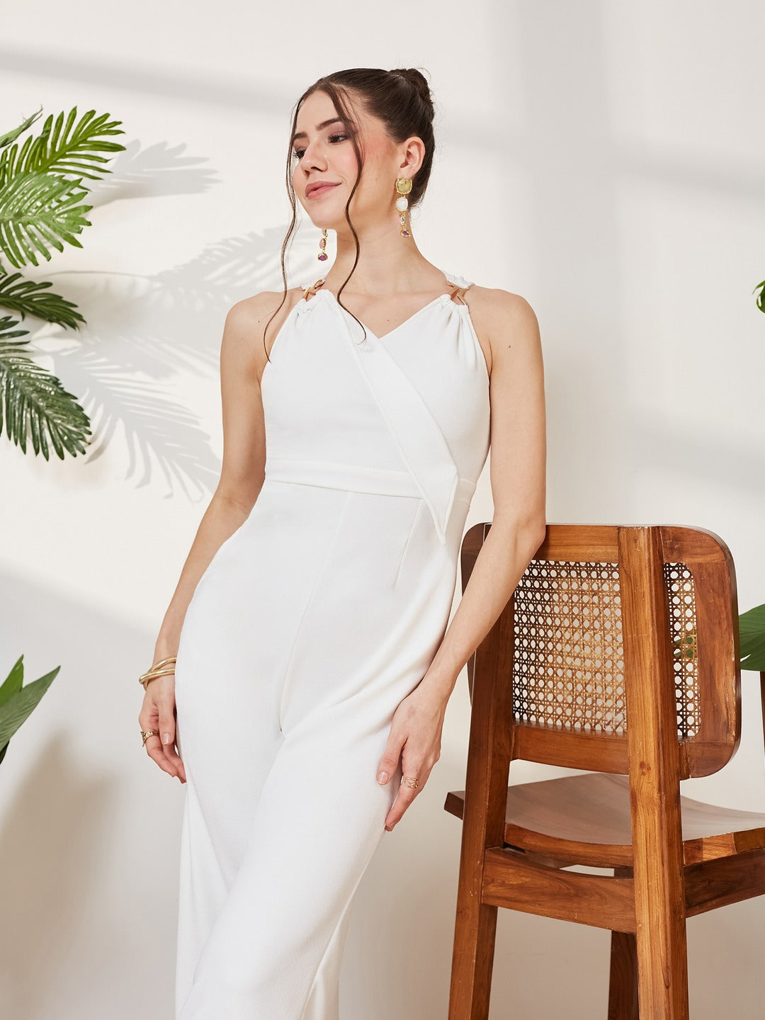 Off-White V-Neck Sleeveless Solid Wrap Polyester Jumpsuit for Women