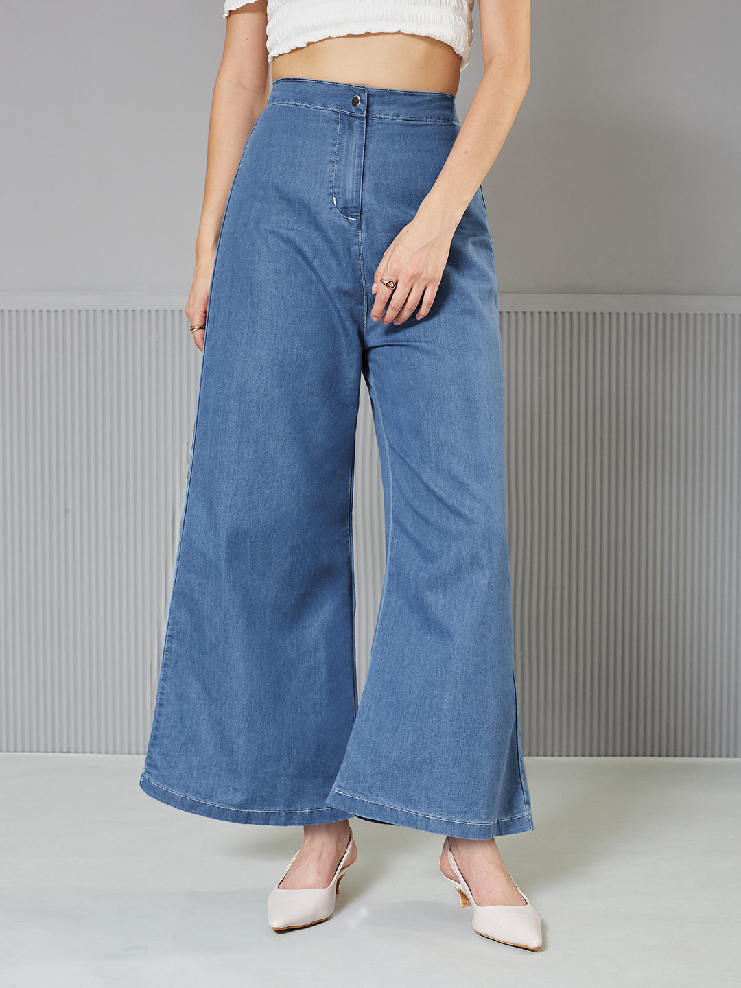 Women's Blue Flared Wide-Leg High-Rise Non Stretchable Light Weight Denim Pants