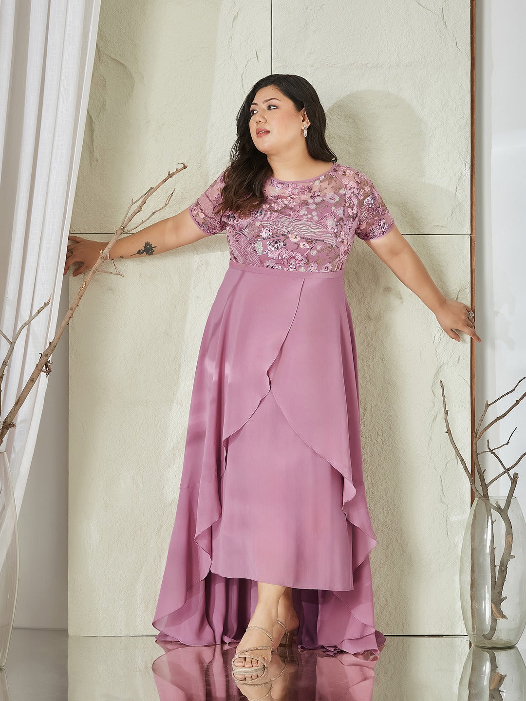 Dusty Pink Square Neck Half Sleeve Solid Embellished Maxi Dress for Women