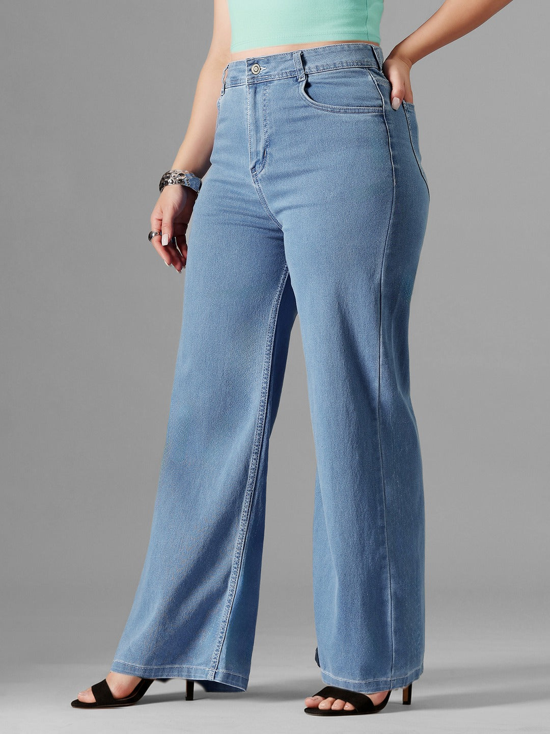 Blue Wide-Leg High-Rise Stretchable Denim Jeans for Women