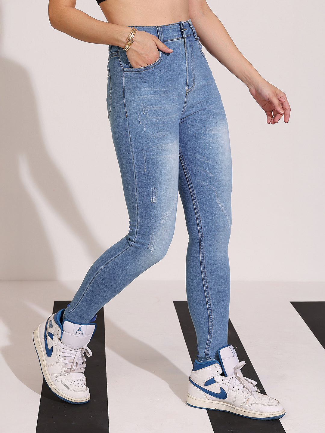 Women's Blue High-Rise Mildly-Distressed Regular-Length Stretchable Denim Skinny Jeans