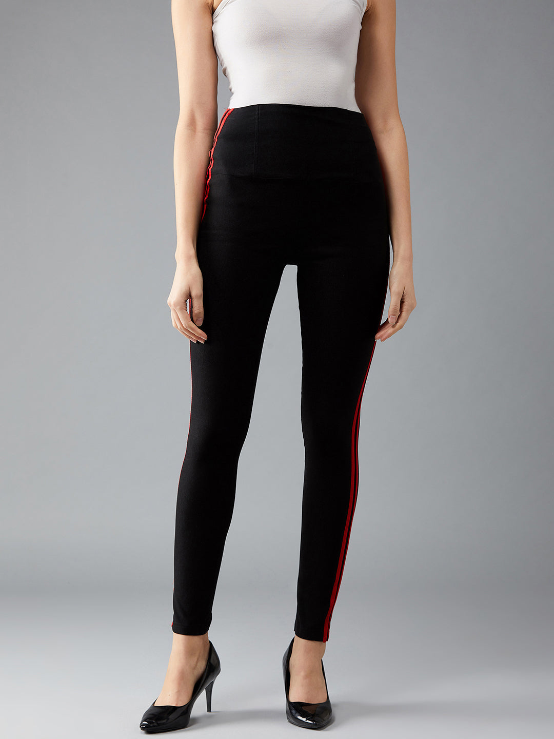 Women's Black Solid Slim Fit Knitted Regular Length Twill Tape Detailing High Waist Treggings