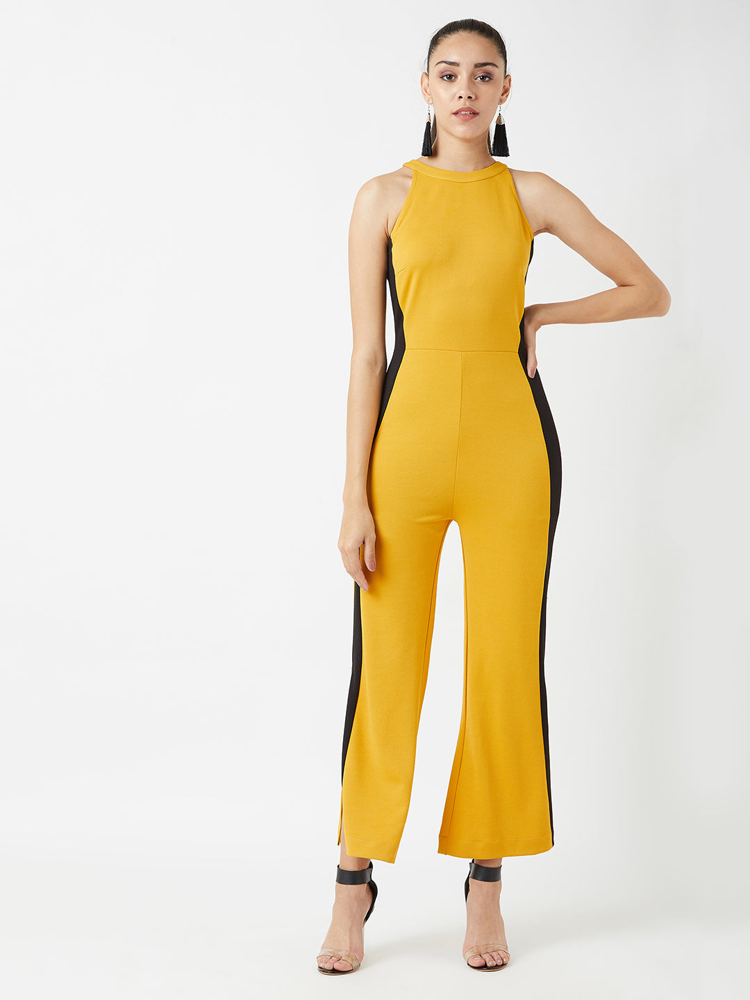 Crease Ease Women's Mustard Yellow & Black Halter Neck Sleeveless Solid Flared Jumpsuit