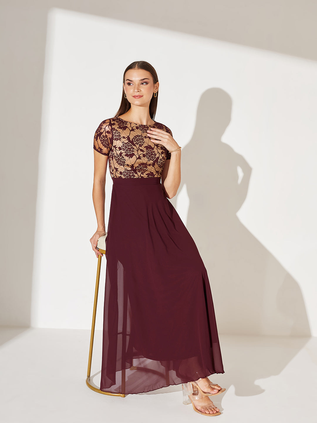 Women's Wine & Beige Relaxed Fit Regular Georgette Dress