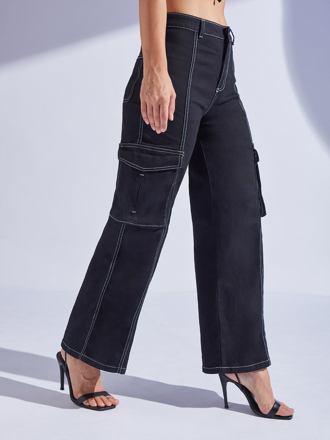 Women's Black Wide-Leg High-Rise Stretchable Patch-Pocketed Denim Jeans