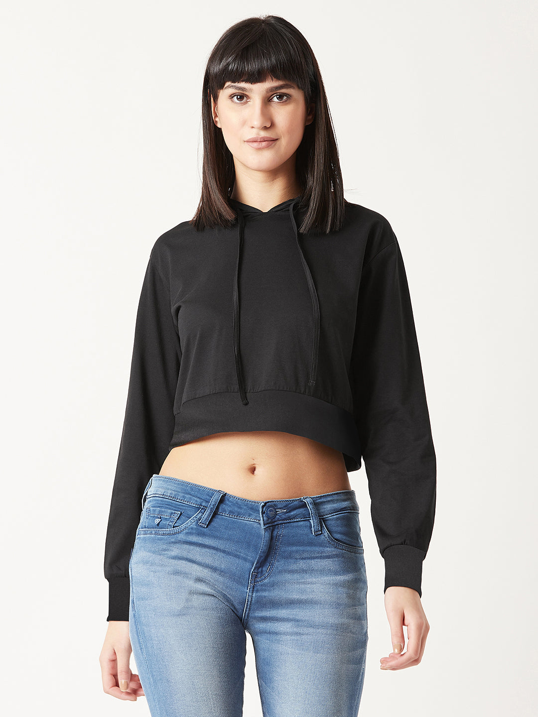 Women's Black Solid Round Neck Full Sleeve Hooded Boxy Crop Sweatshirt