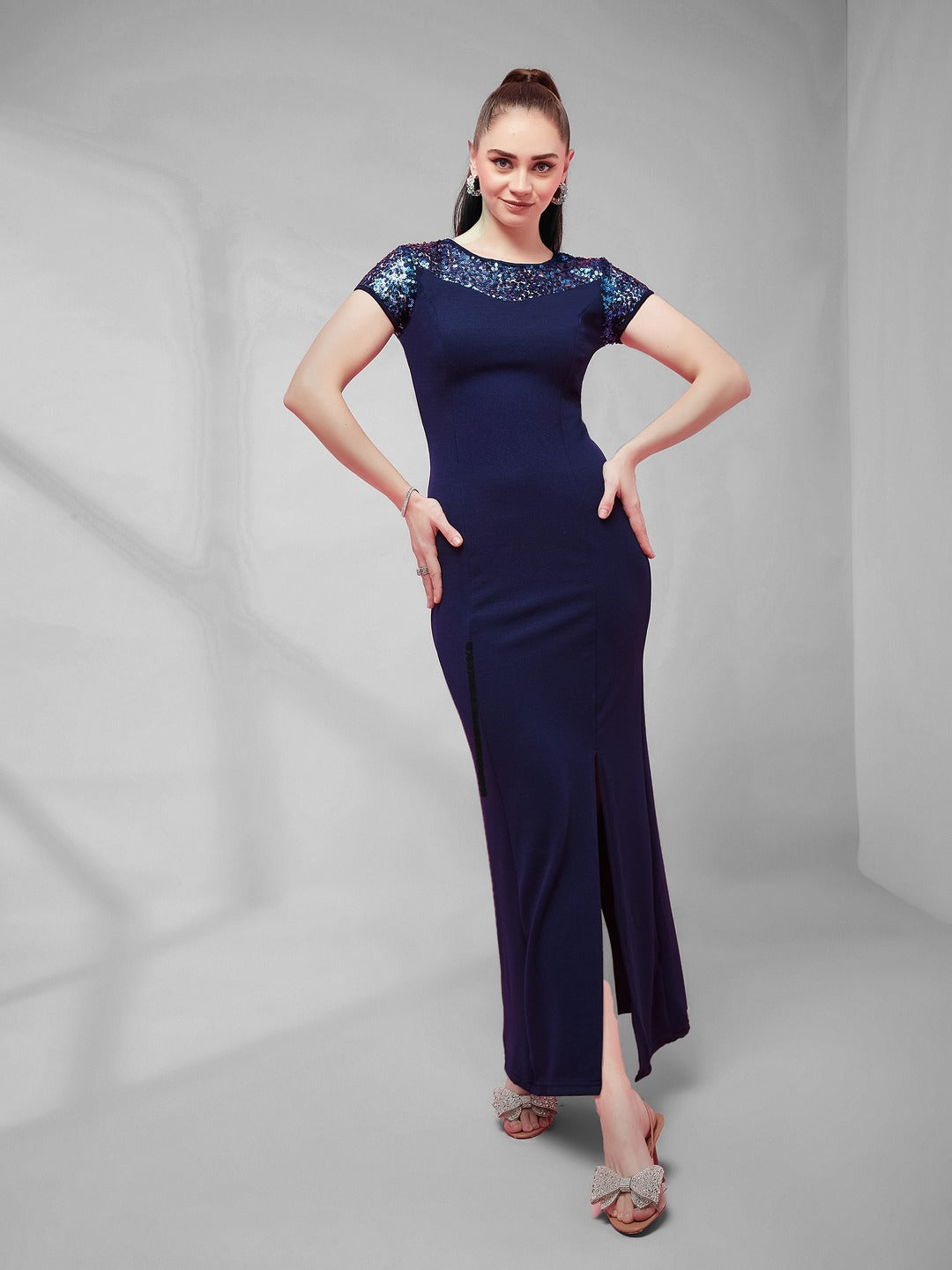 Navy Blue Round Neck Cap Sleeves Sequin Paneled Solid Bodycon Maxi Dress for Women