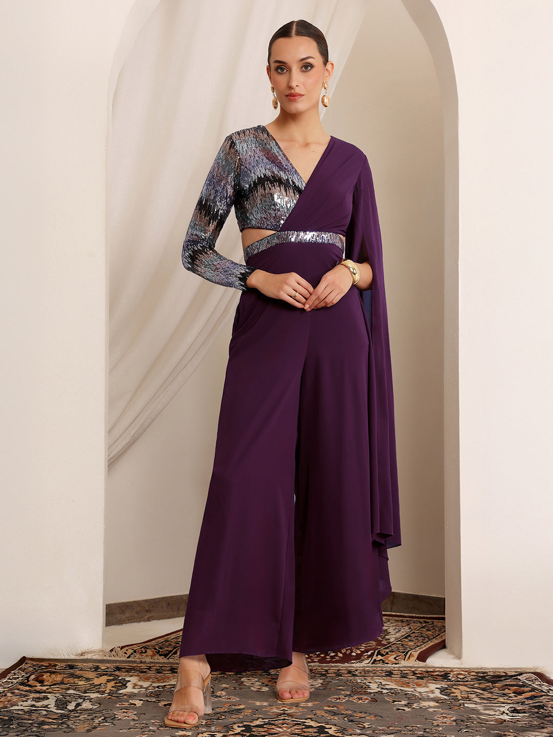 Women's Dark Purple V-Neck Asymmetric Embellished Georgette Jumpsuit
