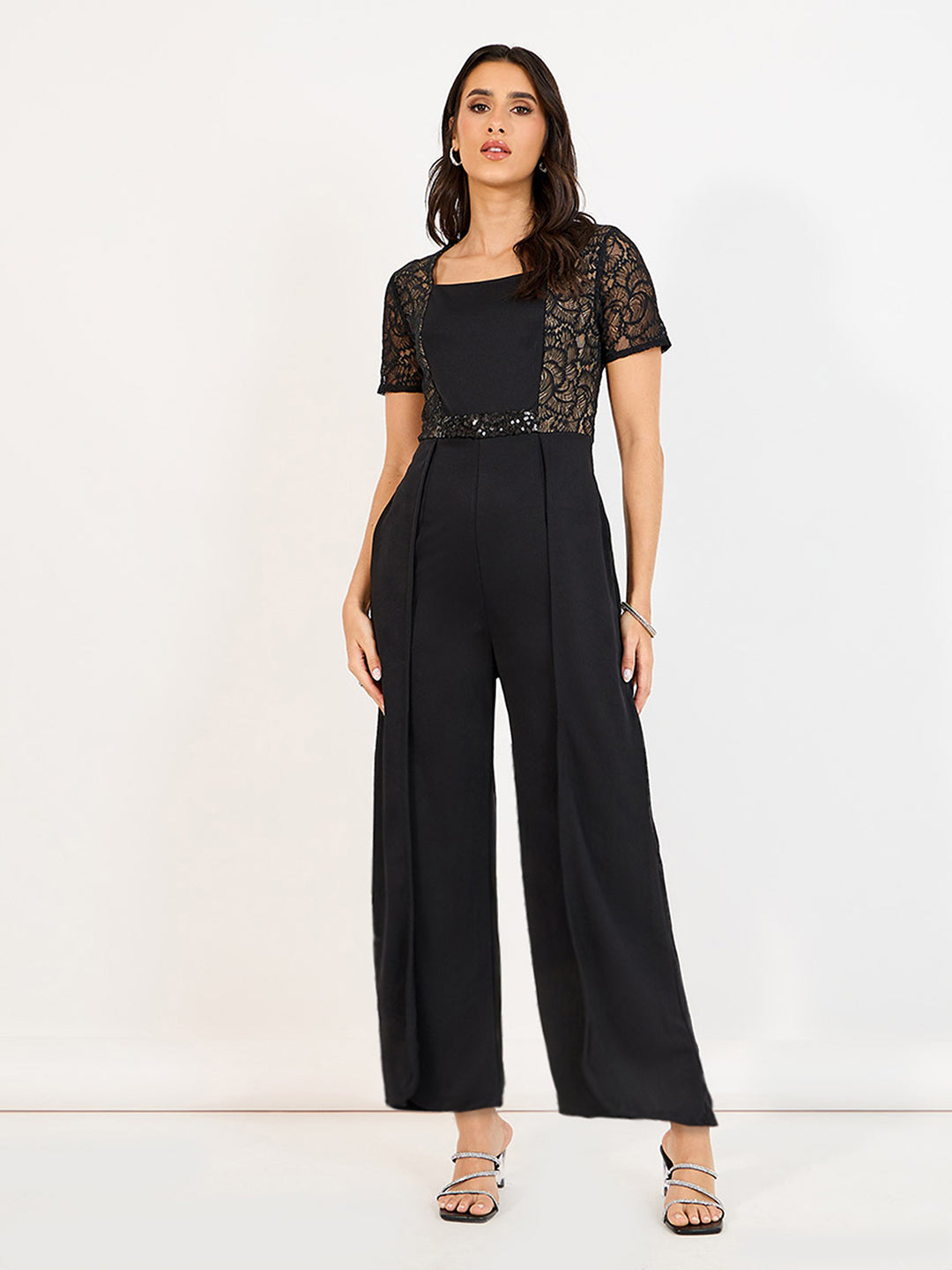 Women's Black Square-Neck Half-Sleeve Self-Designed Panelled Polyester Jumpsuit