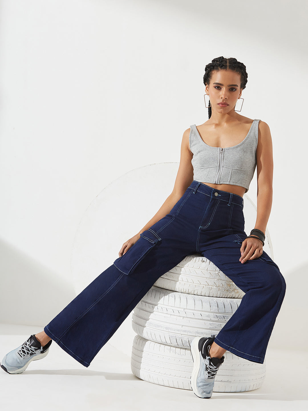 Navy-Blue Wide-Leg High-Rise Regular Stretchable Denim Jeans for Women