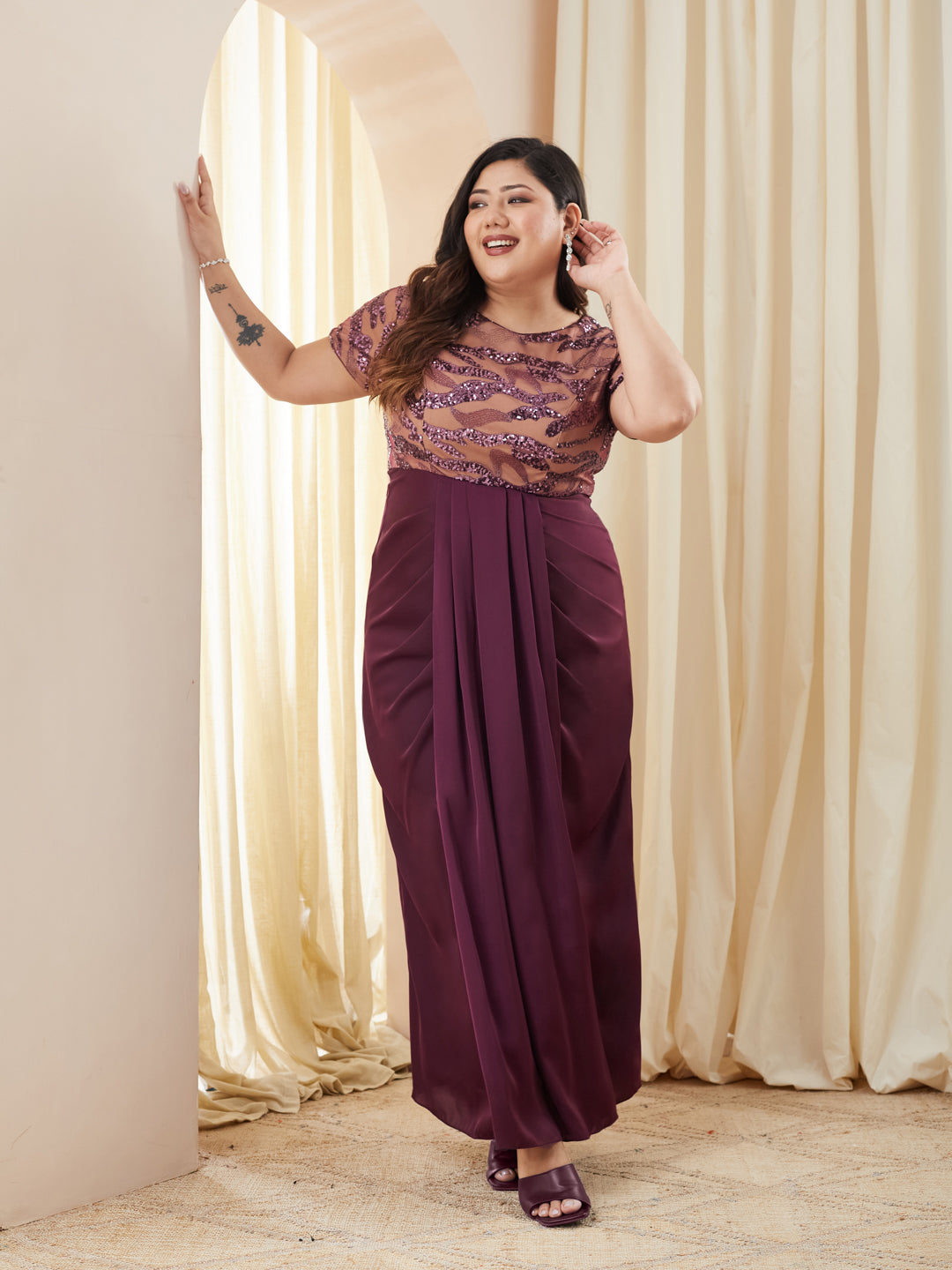 Purple Pleated Satin Gown with Round Neck & Embellishments for Women