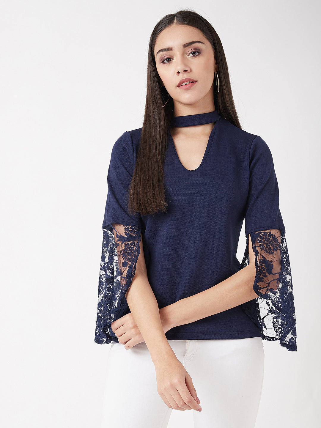 Women's Navy Blue Round Neck 3/4 Sleeve Solid Lace Semi Sheer Split Sleeve Choker Style Top