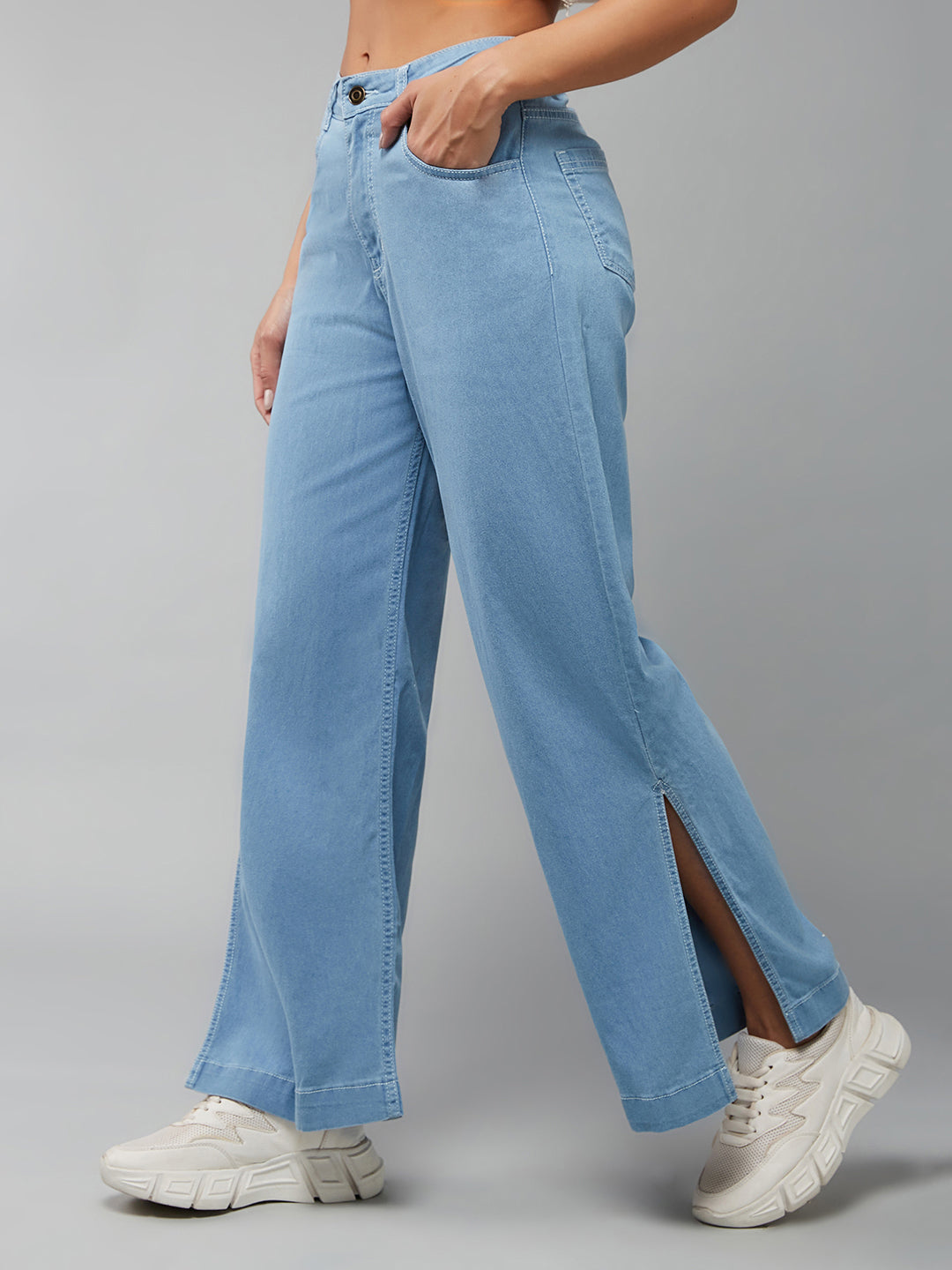 24/7 Comfort Women's Light Blue Wide-Leg High Rise Clean Look Regular Stretchable Denim Jeans