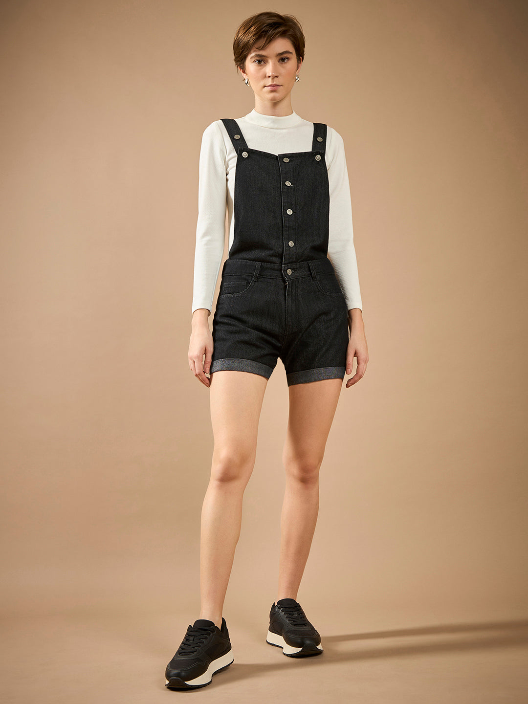 Women's Black Non-Stretchable Solid Mid-Rise Regular-Length Denim Dungarees