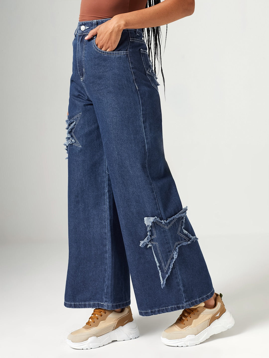 Navy Blue High Rise Mildly-Distressed Regular-Length Stretchable Denim Wide-leg Jeans for Women