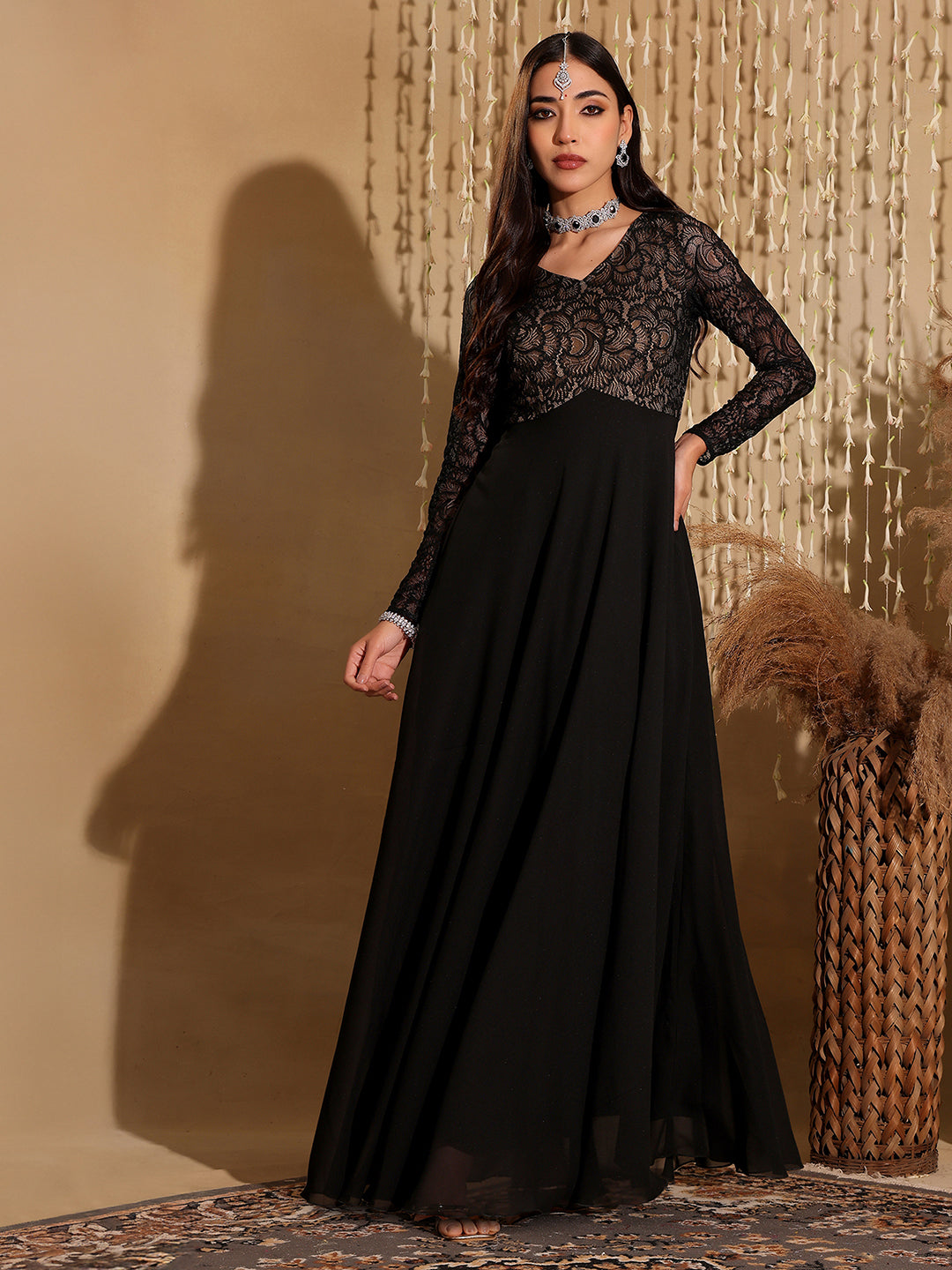 Women's Black V-Neck Full Sleeve Self Design Lace-Overlaid Georgette Maxi Dress