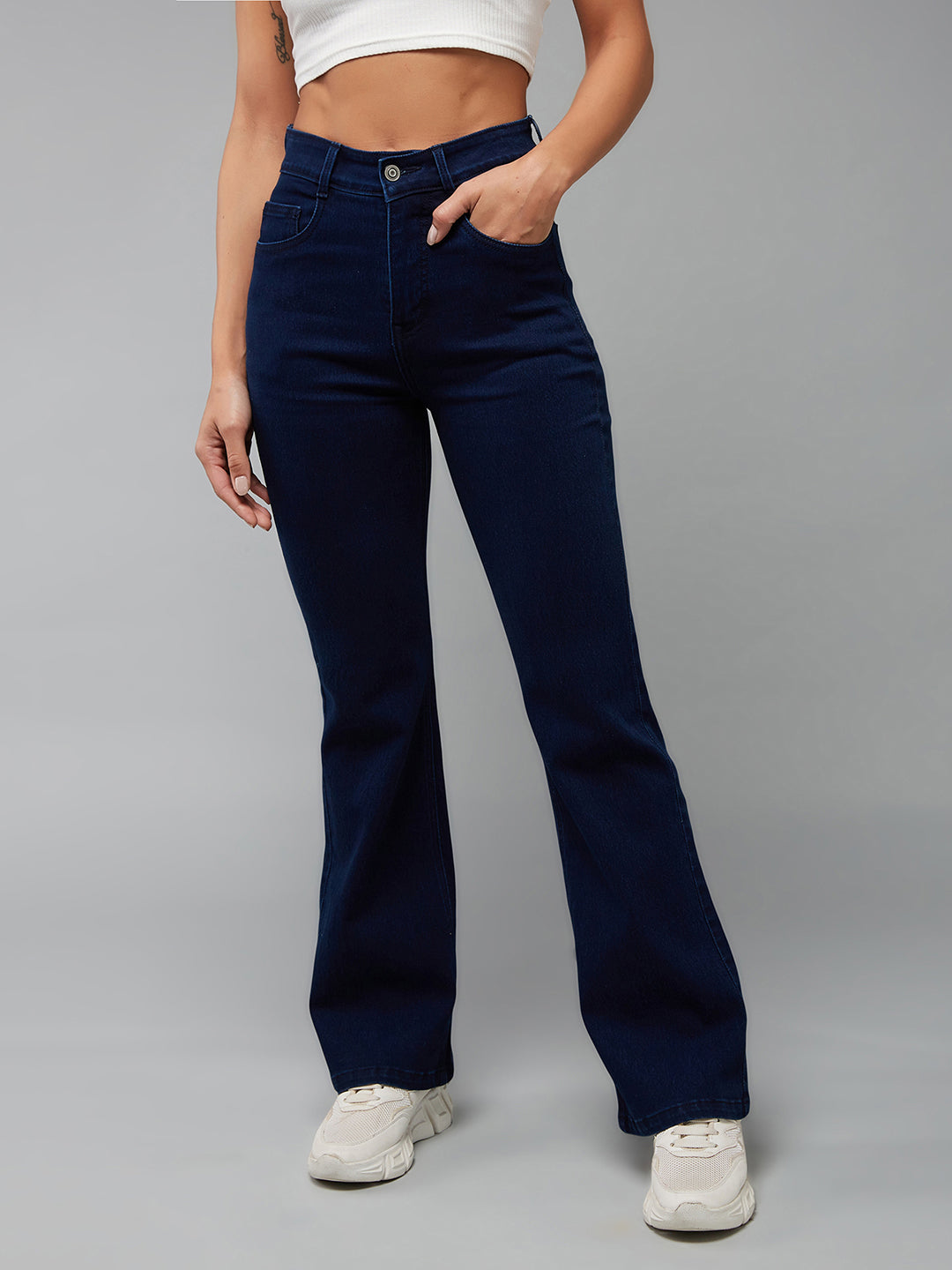 Women's Navy Blue Bootcut High Rise Clean Look Regular Length Stretchable Shaping Denim Jeans