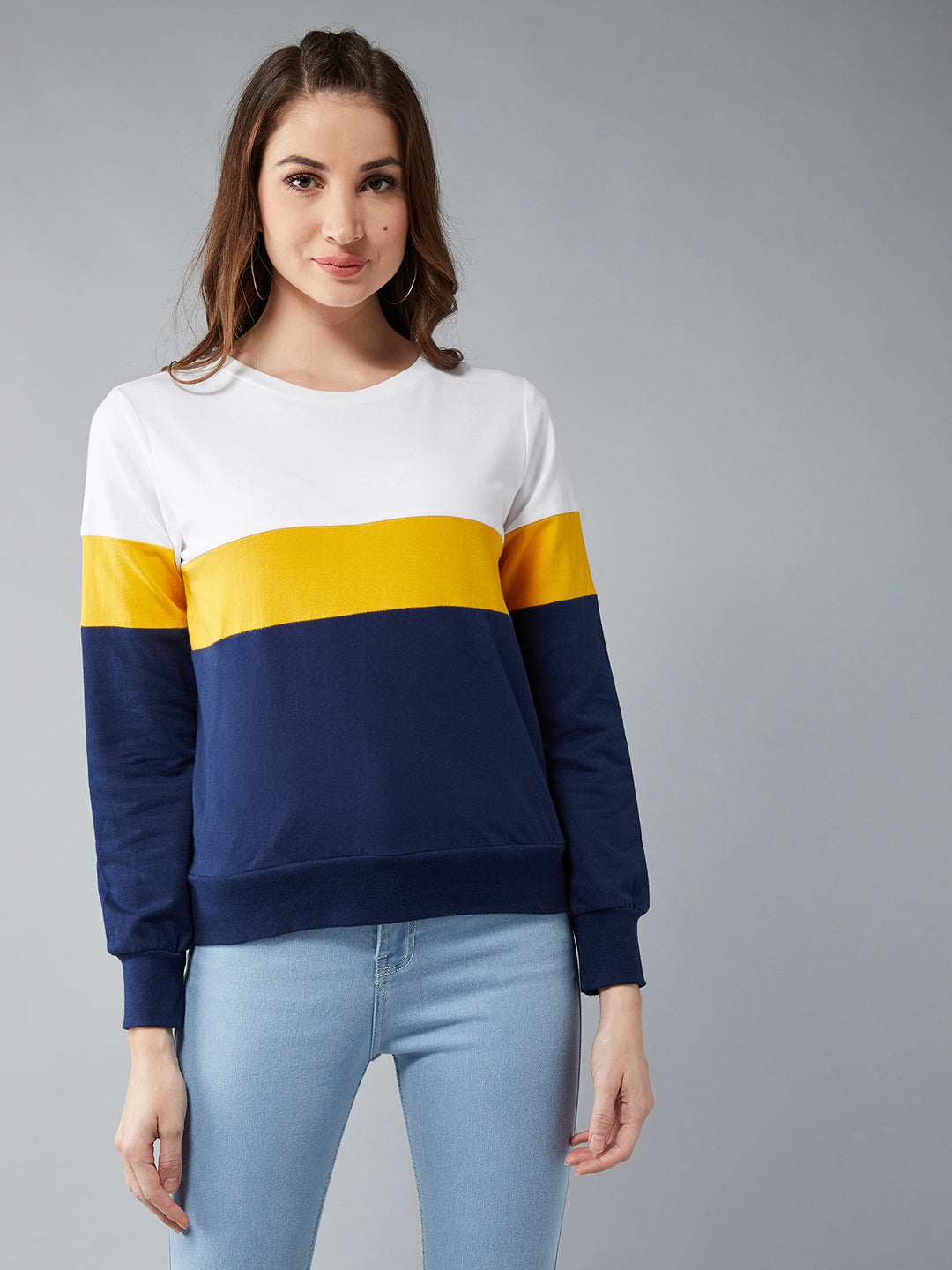 Women's Multicolored With A Navy Blue Base Round Neck Full Sleeves Cotton Solid Colorblock Paneled Boxy Sweatshirt