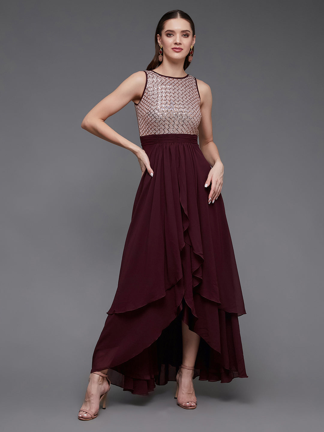 Women's Wine & Peach Boat Neck Sleeveless Embellished Maxi Dress